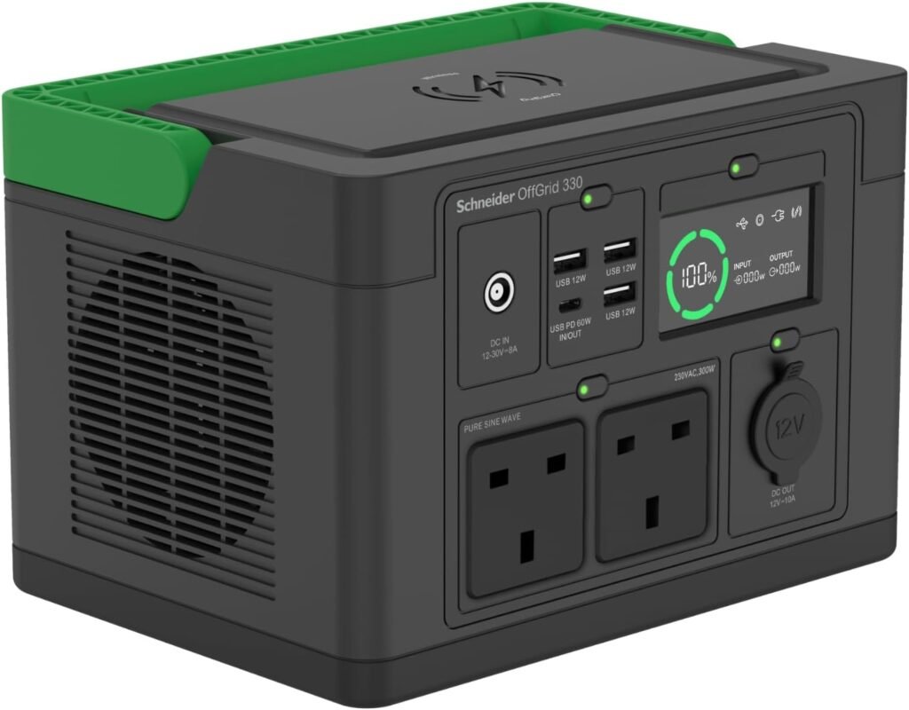 APC Schneider OffGrid Portable Power Station 330, 230V, 332Wh Lithium-ion, LCD, 2 BS1363 UK outlets, Sinewave, 3 USB-A, 1 USB-C, Wireless Charger
