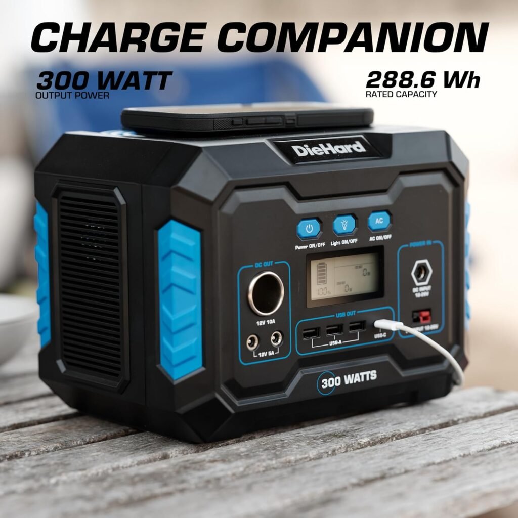DieHard Portable 300 W Power Station, Wireless Lithium-Ion Battery Charging Generator, Compatible with Solar Energy for Camping, Home, Emergencies and More