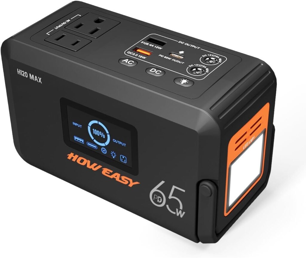 HOWEASY - 98Wh Portable Power Station, 135W (200W Peak), Solar Generator, 110V AC Outlet and 65W PD Output, Lithium Battery with LED Light for Camping, Home Backup