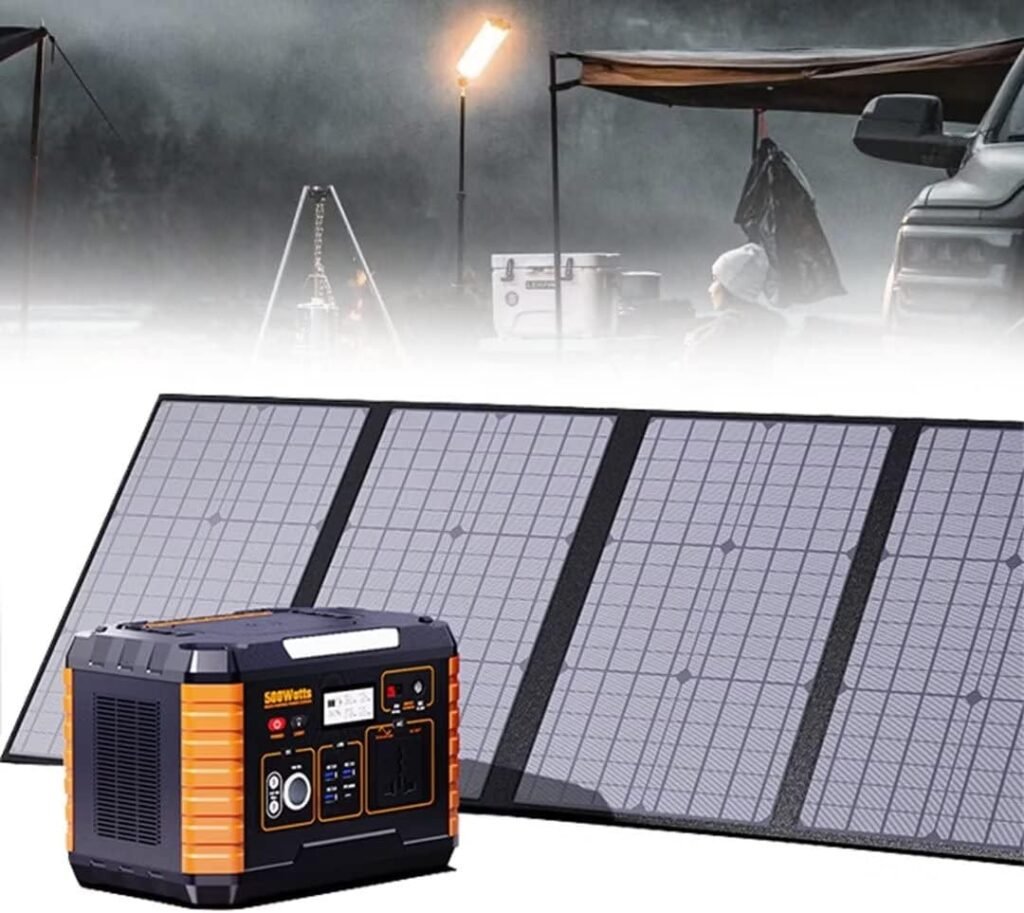 Portable Power Station 500W, Outdoor Generators With 120W solar panel, inverter Generator with DC AC Outlet for Home Use Camping RV Travel Emergency