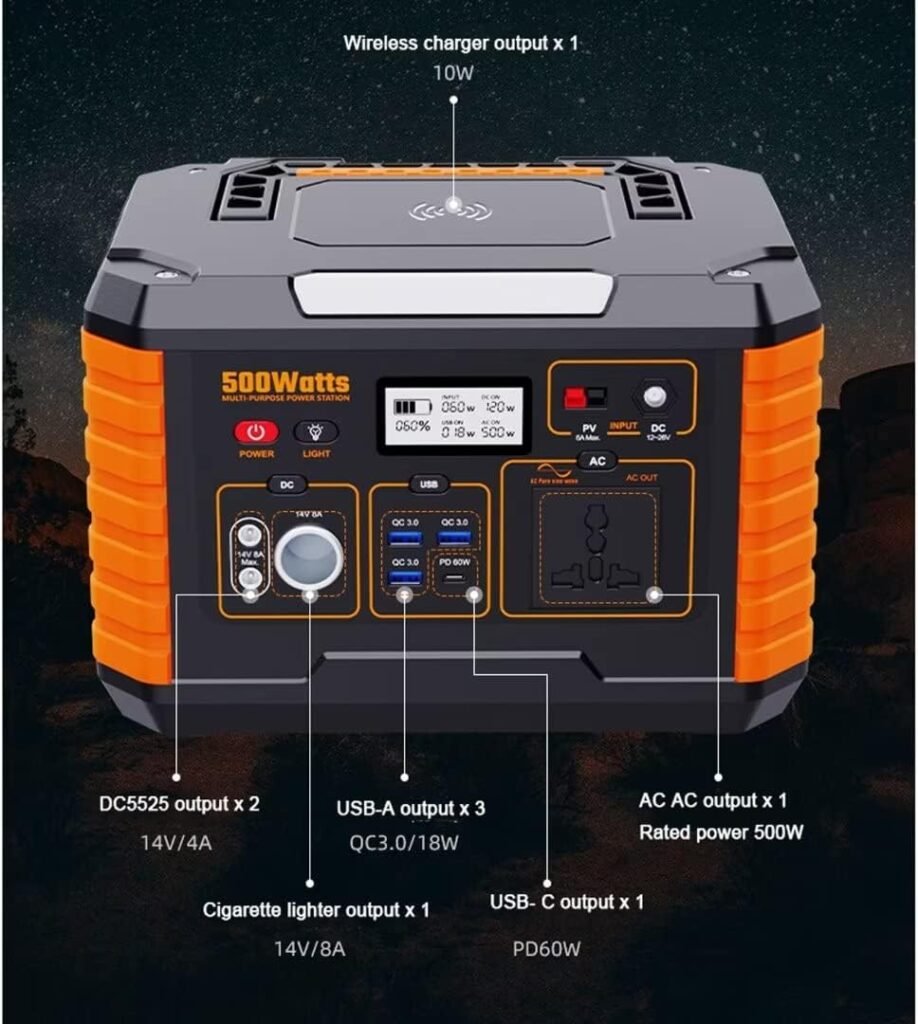 Portable Power Station 500W, Outdoor Generators With 120W solar panel, inverter Generator with DC AC Outlet for Home Use Camping RV Travel Emergency
