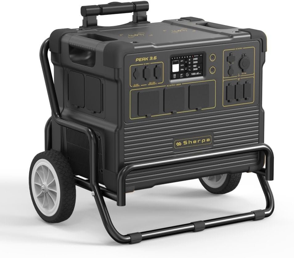 Sherpa PEAK 3.6 - Portable Power Station UK (3072Wh @ AC 3600W), LiFePO4 (EV Grade Cells)-3500 cycles, Multiple DC Outlets (30A/360W Max), Fast Charging (AC-1.8h /DC-1.4h)/Solar ready, 5-YEAR Warranty