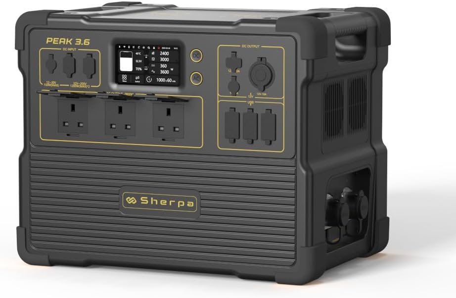 Sherpa PEAK 3.6 - Portable Power Station UK (3072Wh @ AC 3600W), LiFePO4 (EV Grade Cells)-3500 cycles, Multiple DC Outlets (30A/360W Max), Fast Charging (AC-1.8h /DC-1.4h)/Solar ready, 5-YEAR Warranty