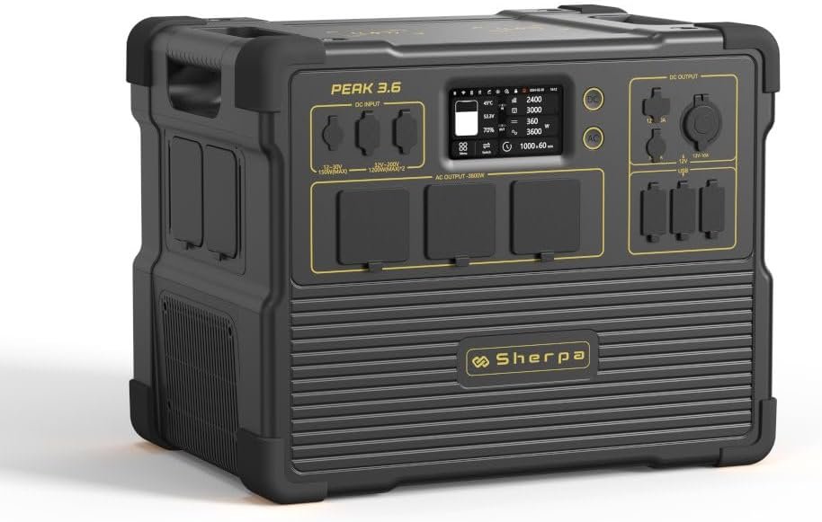 Sherpa PEAK 3.6 - Portable Power Station UK (3072Wh @ AC 3600W), LiFePO4 (EV Grade Cells)-3500 cycles, Multiple DC Outlets (30A/360W Max), Fast Charging (AC-1.8h /DC-1.4h)/Solar ready, 5-YEAR Warranty