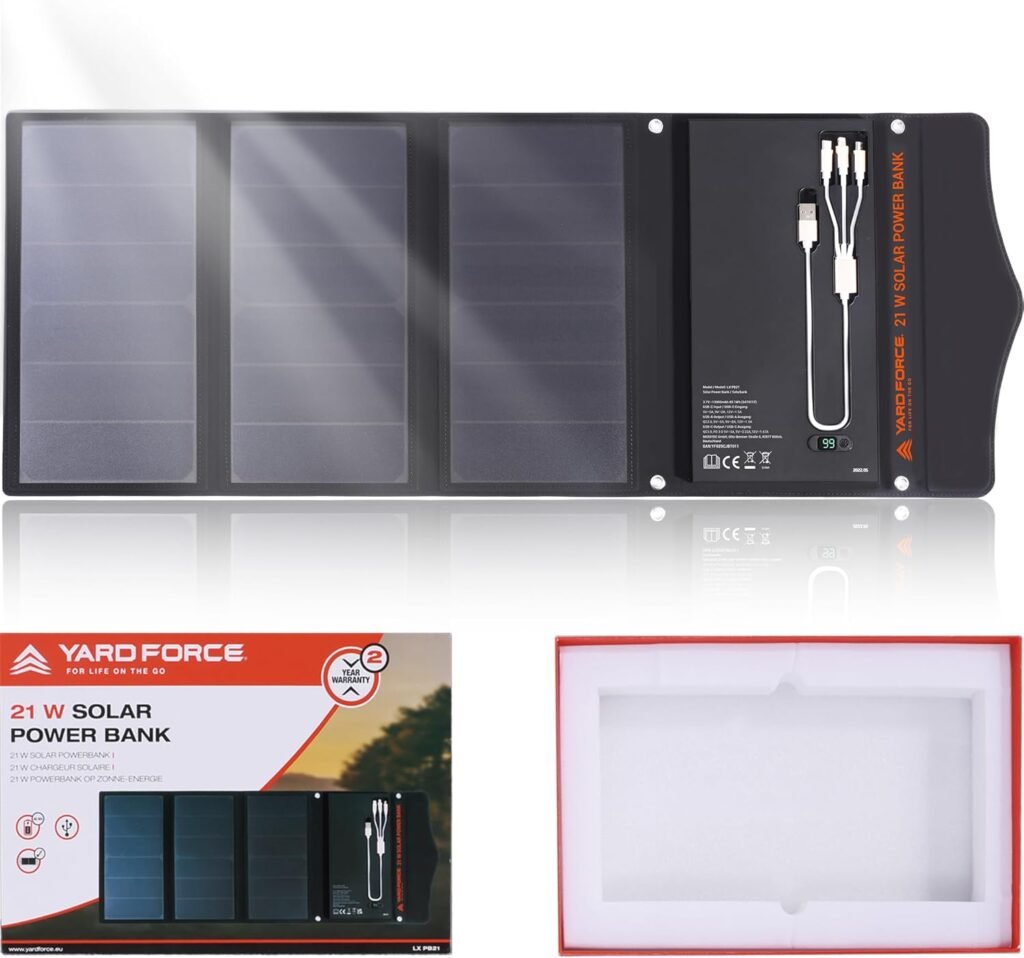 Yard Force 21W/12V Li-ion, Portable Solar Power Bank with Foldable Panel and 2 USB outputs for Hiking, Backpacking, and Outdoor Activities - LX PB21