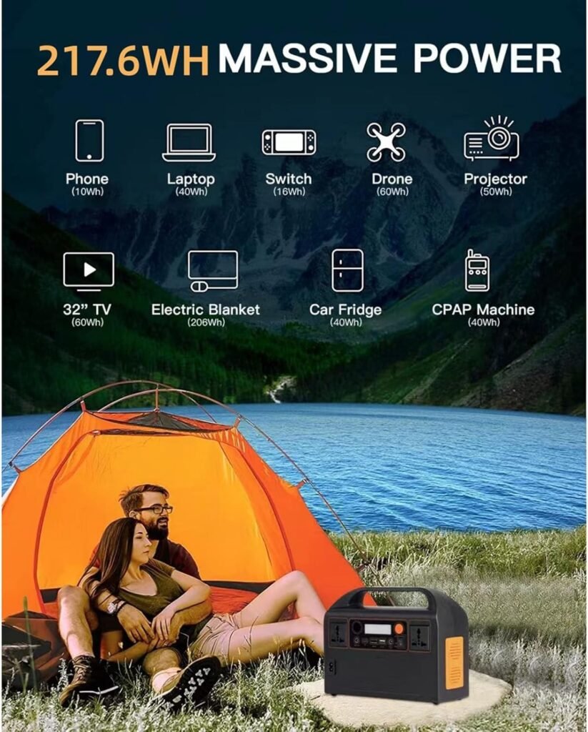 300W Portable Power Station 217.6Wh/ 68000mAh Camping Power Pack, with AC/USB/Type C Outlet for Outdoors Camping Travel Fishing Emergency Power Supply
