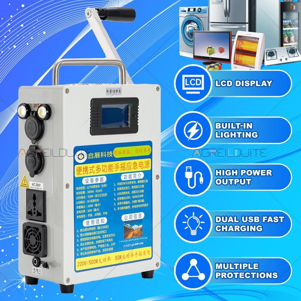 500W Hand Crank Generator, Portable Power Station w/Folding Handle, Mobile Phone Power Banks With 3 Types Power Supply(Usb+AC Outlet+Car Port),for Home power failure/Camping Outdoor