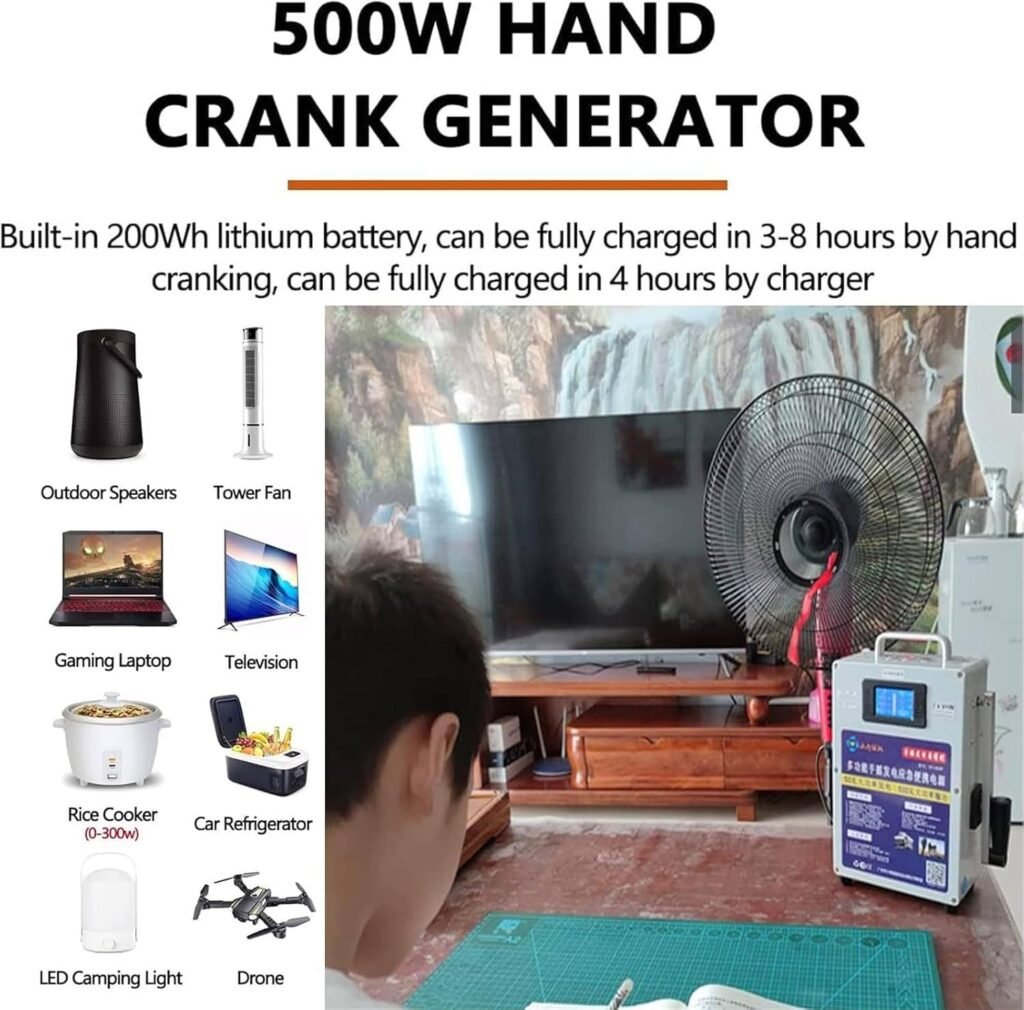 500W Hand Crank Generator, Portable Power Station with Folding Handle, Manual Crank Generator, for Field Exploration Long-Distance Travel Sudden Power Outage