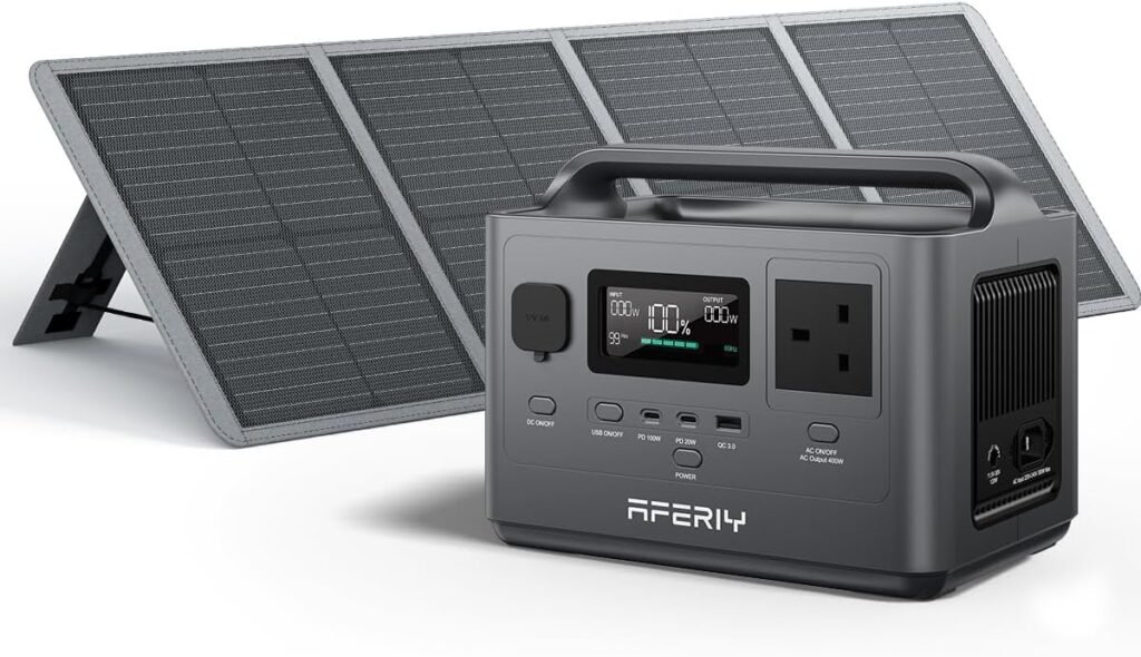 AFERIY 400W 256Wh Portable Power Station LiFePO4 Battery with 100W Solar Panel, 1.5-hour Fast Charging, 5 Ports, UPS Power Supply, Pure Sine Wave 230V Output for Outdoor Camping and Emergency Backup