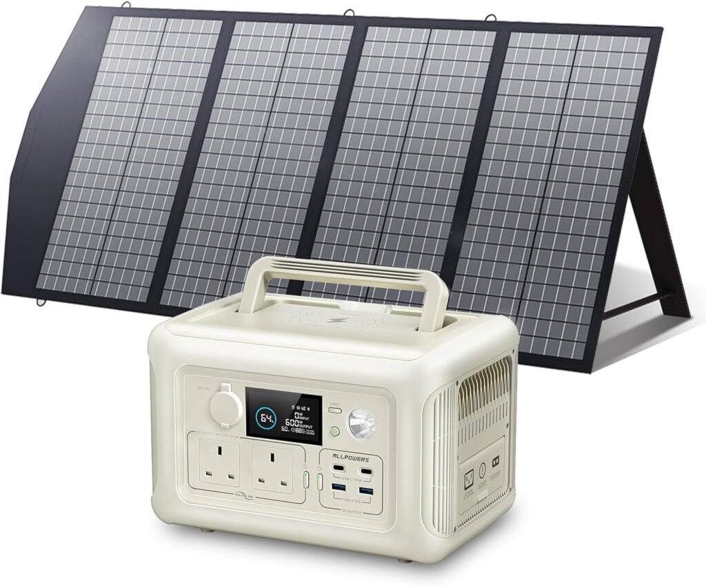 ALLPOWERS Solar Generator R600 with 140W Foldable Solar Panel, 2x 600W AC Output/299Wh LiFePO4 Battery, 100% Charged in 1 Hour Portable Power Station, USB-C 100W Home Backup Power, Camping RVs