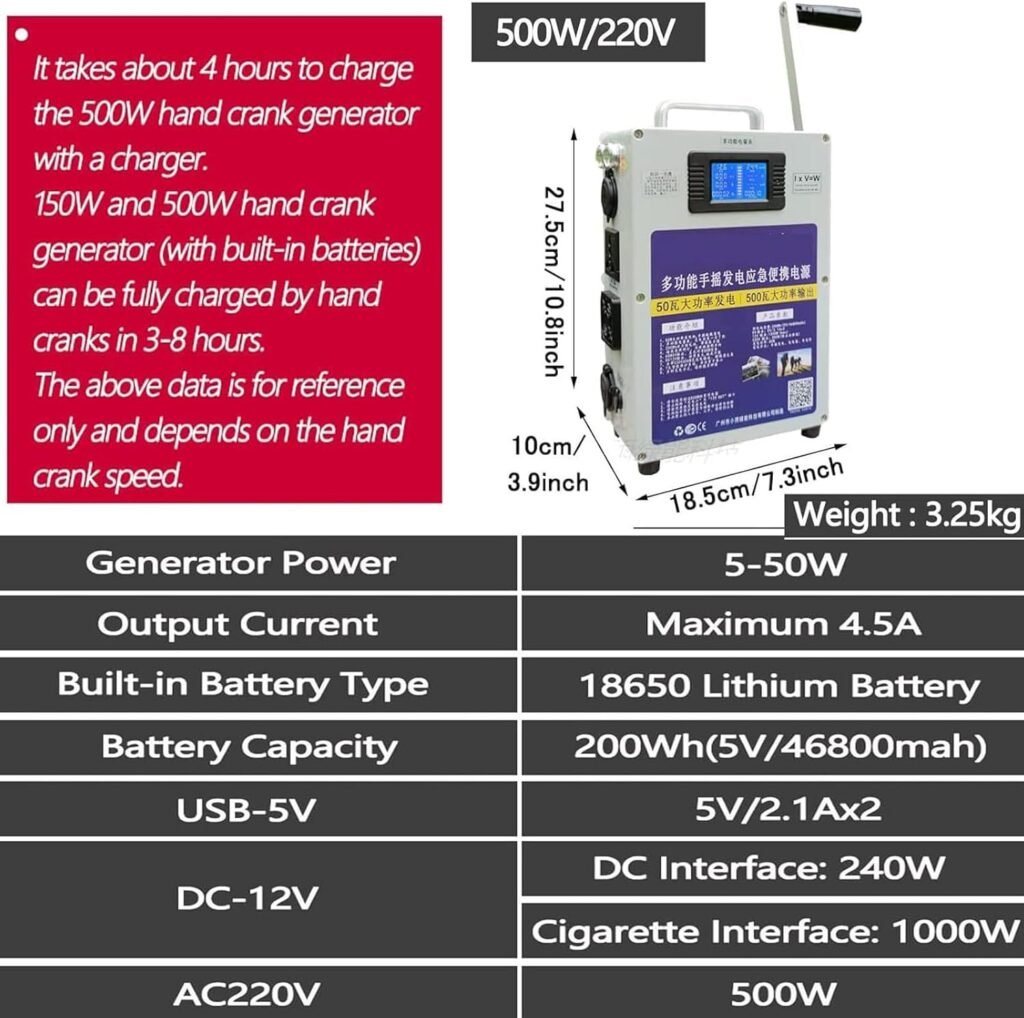 Hand Crank Generator Portable Generator, Portable Power Station for Home Use, 200W USB Charging Emergency Power Supply, Camping Power bank, Outdoor Indoor, RV, Outage