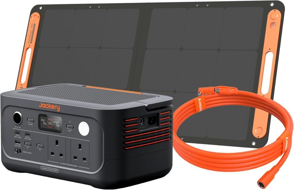 Jackery Explorer 500 v2 Portable Power Station + 100W Solar Panel + 5M Extension Cable, 230V/500W Pure Sine Wave Solar Generator, 500W AC Output Power Station