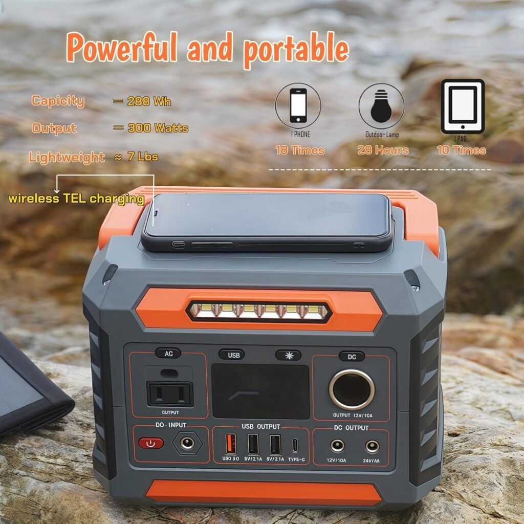 OTHC - A3B portable power station, 288 Wh battery, 300 W output, 7 pounds, 3-way charging, wireless charging