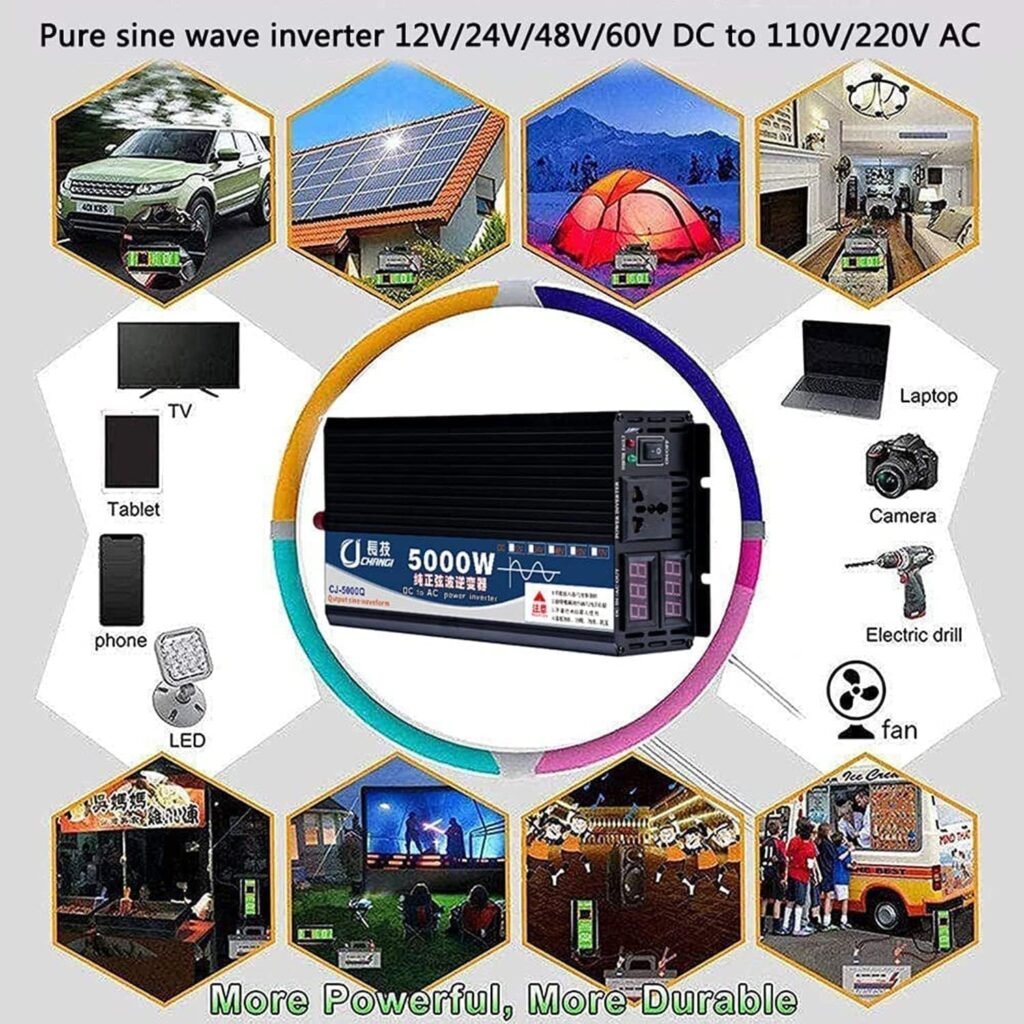 Pure Sine Wave Inverter Sine Wave Transformer Plug Car Travel Outdoor RV Battery Generator Portable Power Station (60Vto110V 5000W)