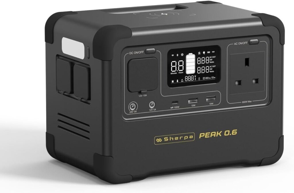 Sherpa PEAK 0.6 - Portable Power Station UK (576Wh @ AC 600W), LiFePO4 (EV Grade Cells) -3500 cycles, Multiple DC Outlets (100W Max), Fast Charging (AC-500W/DC-2x100W)/Solar ready, 5-YEAR Warranty