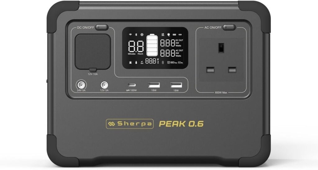 Sherpa PEAK 0.6 - Portable Power Station UK (576Wh @ AC 600W), LiFePO4 (EV Grade Cells) -3500 cycles, Multiple DC Outlets (100W Max), Fast Charging (AC-500W/DC-2x100W)/Solar ready, 5-YEAR Warranty