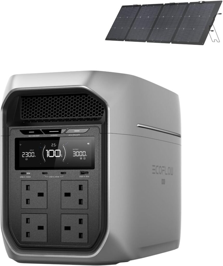 EF ECOFLOW Portable Power Station DELTA 3 Max Plus with 220W Bifacial Solar Panel, 1000W Solar Input, Expandable Capacity Up to 10kWh, 10ms UPS, Portable Power Station 2048Wh, Home Backup  RV Camping