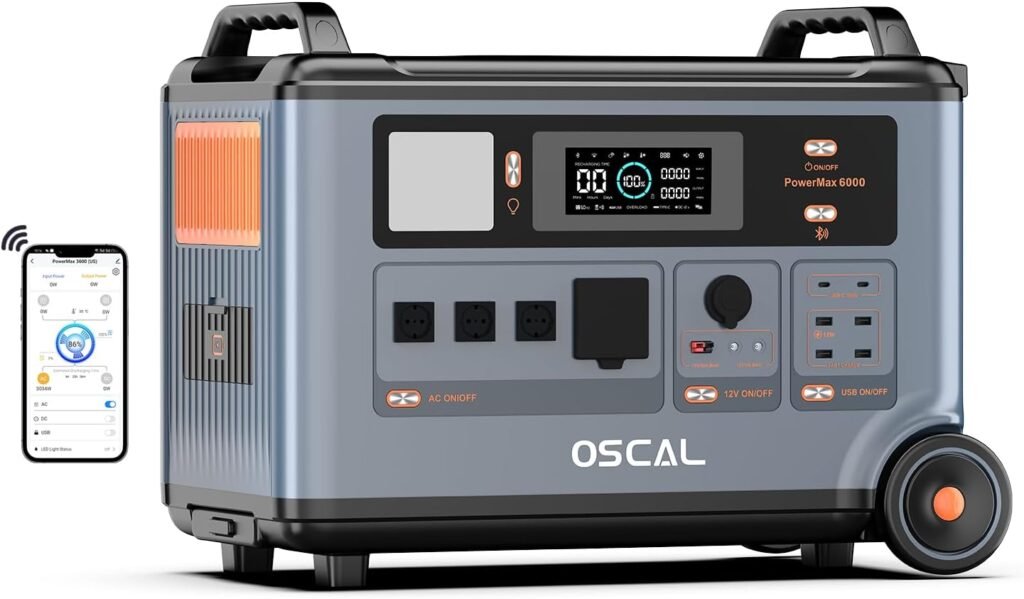OSCAL PowerMax 6000 3600Wh Portable Power Station Expandable to 57.6kWh AC Outlets 240V 6000W (7200W Peak) Fast Charge 1.96 Hours Solar Generator for Home Use