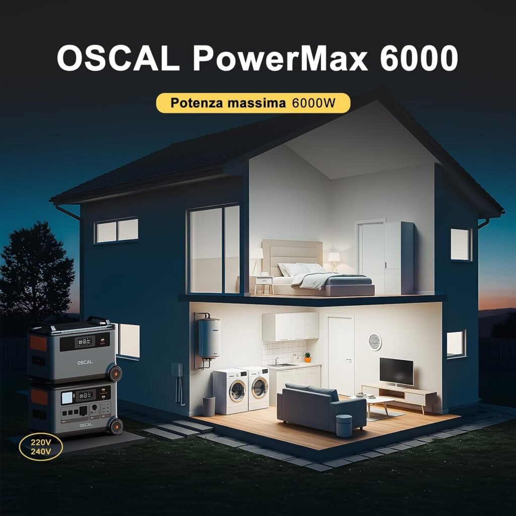 OSCAL PowerMax 6000 3600Wh Portable Power Station Expandable to 57.6kWh AC Outlets 240V 6000W (7200W Peak) Fast Charge 1.96 Hours Solar Generator for Home Use