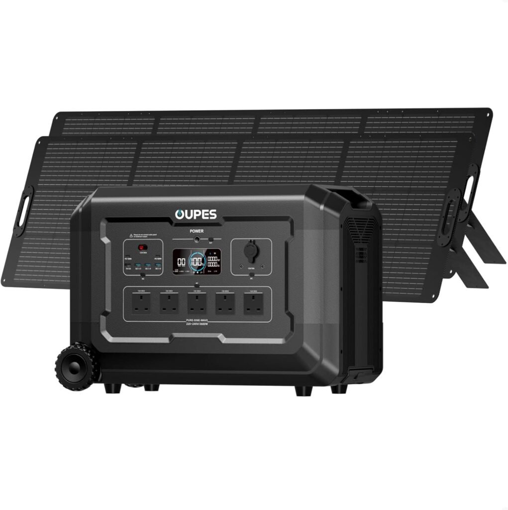 OUPES Mega 3 Portable Power Station with 2x 240W Solar Panels, 3072Wh Solar Generator, 3600W(7000W Peak) AC/48 Min Fast Charge, Expandable to 15kWh, Backup Power with UPS for Home, Camping, Off-grid