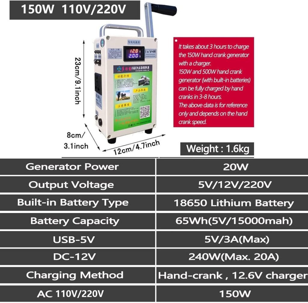 Outdoor Charger Generators 150W Hand Crank Generator, Camping Hand Crank Generator For Mobile Phone Charging,Portable Power Station With 220V Outlets DC12V USB5V Emergency Power Supply(220v)