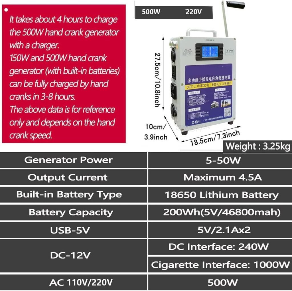 Outdoor Charger Generators Hand Crank Generator ，500W Portable Power Station Manual Power Supply Emergency Charger For Outdoor Advanture Mobile Phone Computer Charging